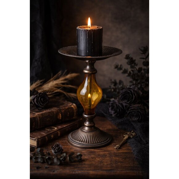 Amber Glass Pedestal Candle Holder Antique Brass Tone Pillar Candlestick Neutral - Picture 2 of 7